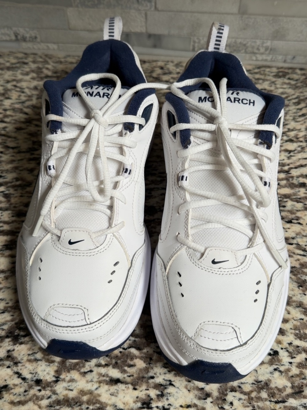 Nike Men's White & Navy Air Monarch-style Athletic Trainers - Picture 4 of 5